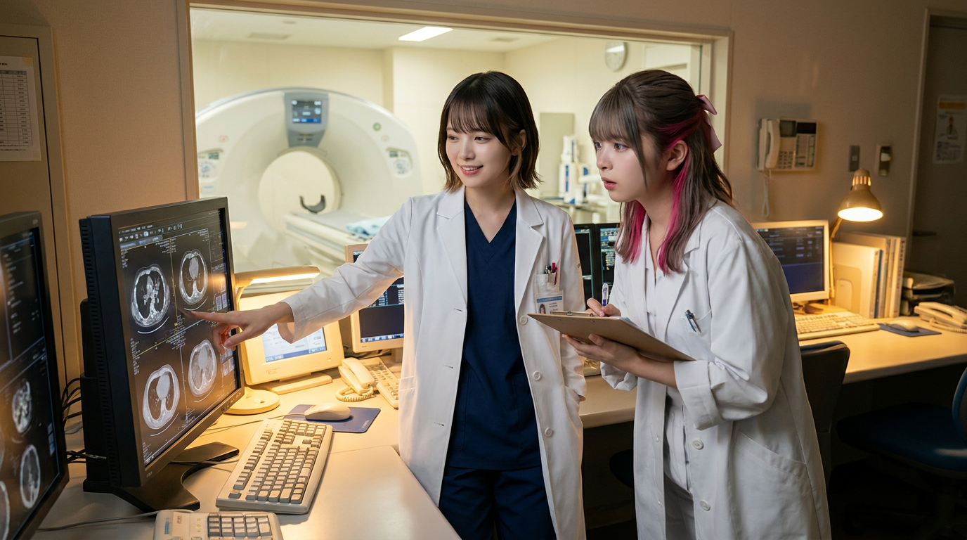CT室でリナがエミに指導しているシーン