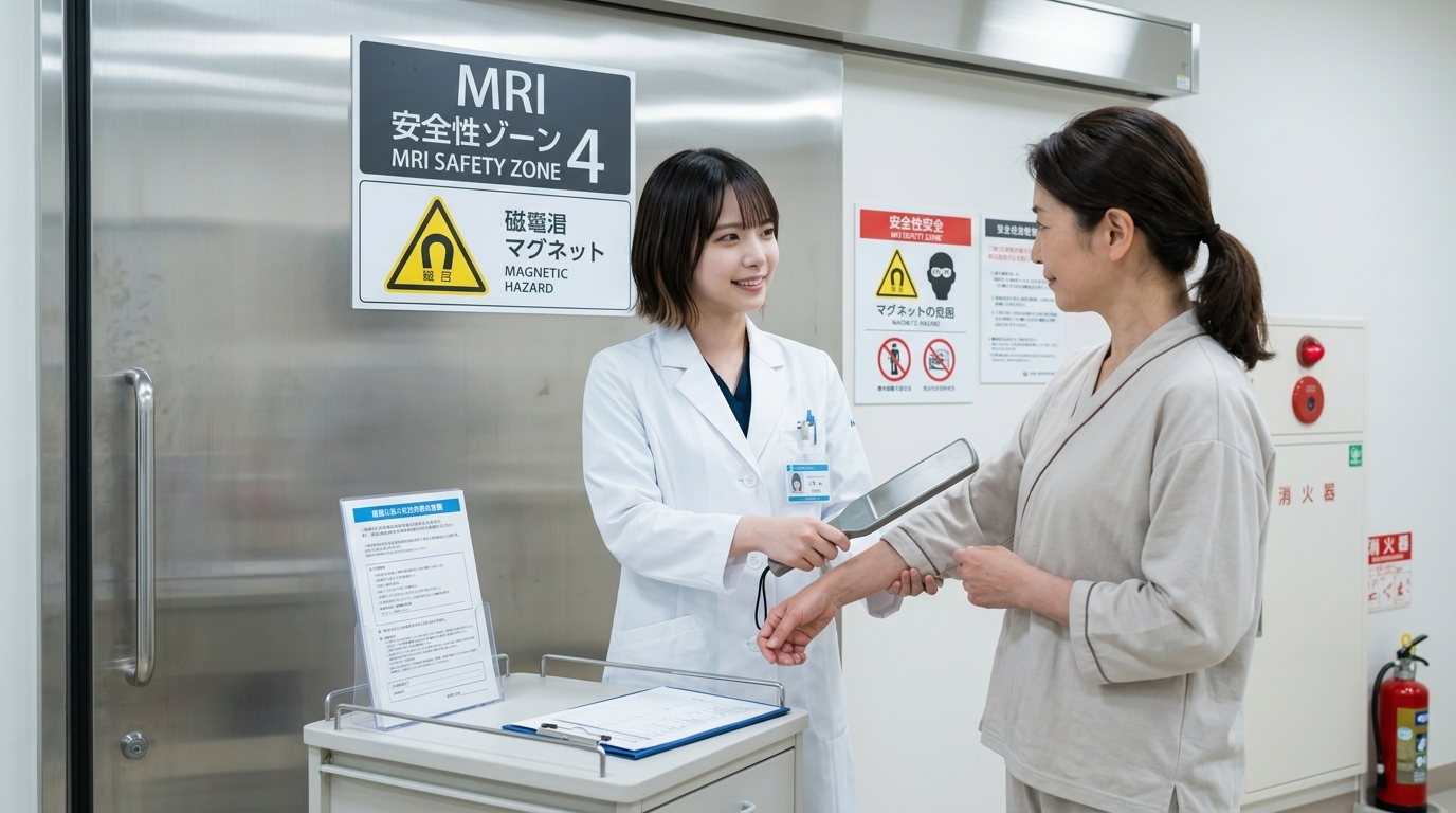 MRI室の前で金属チェックをするLINA