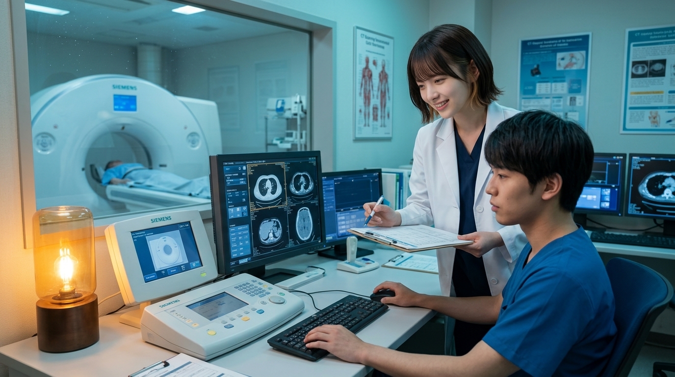 管理区域で後輩に手順を説明する主任者