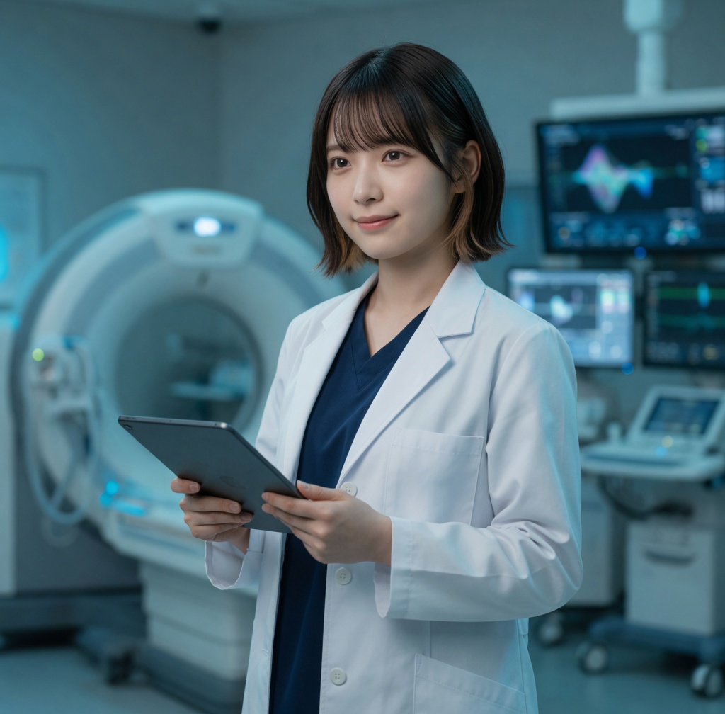 LINAが撮影室で経営と装置を考える様子