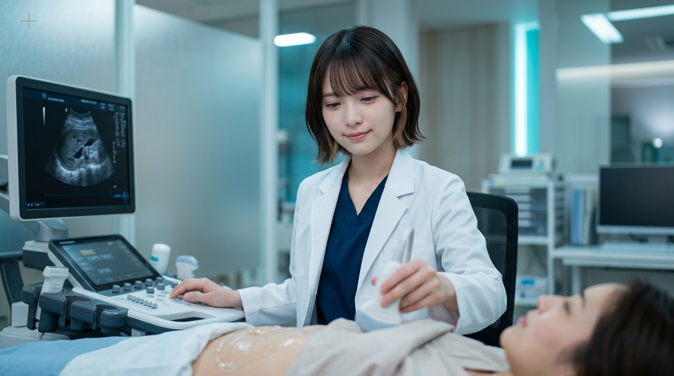 患者にエコー検査を行うLINA