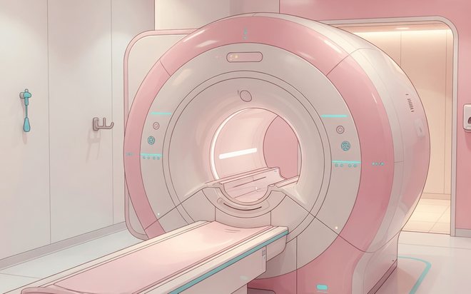 MRI検査室 — 磁石のトンネルと寝台