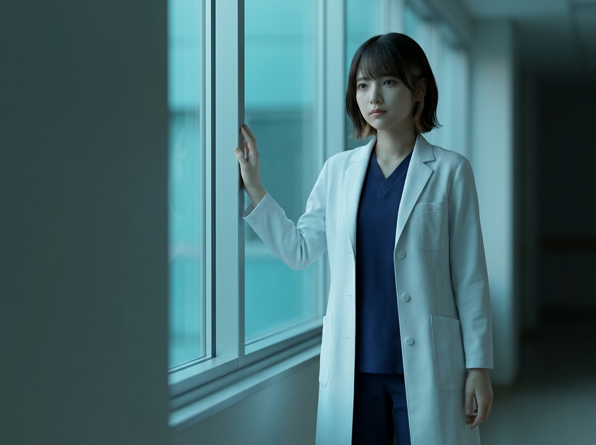 職場の隅で窓の外を見つめるLINA
