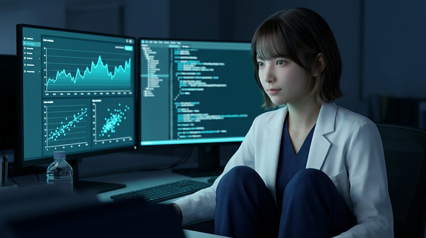 データ画面に没頭するLINA