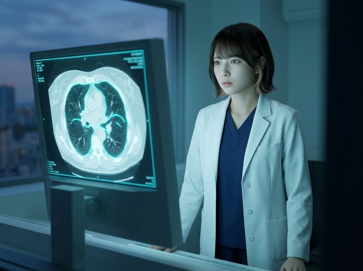 検査室でAI支援画面を見つめる技師LINA
