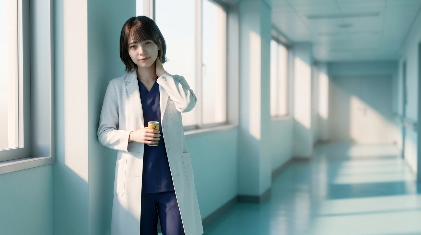 夜勤明けの廊下でひと息つくLINA