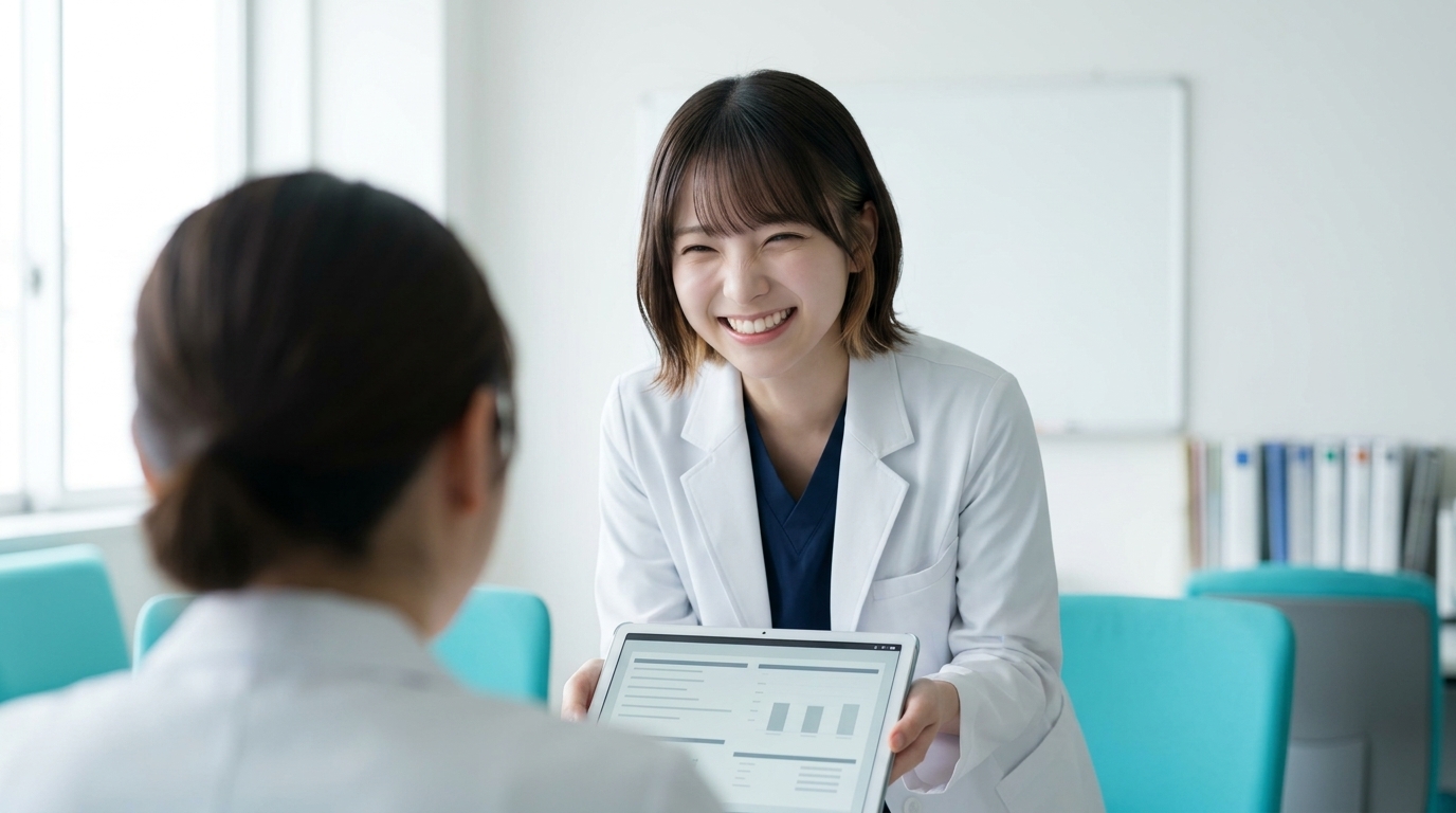 院内で同僚に自作の資料を見せるLINA
