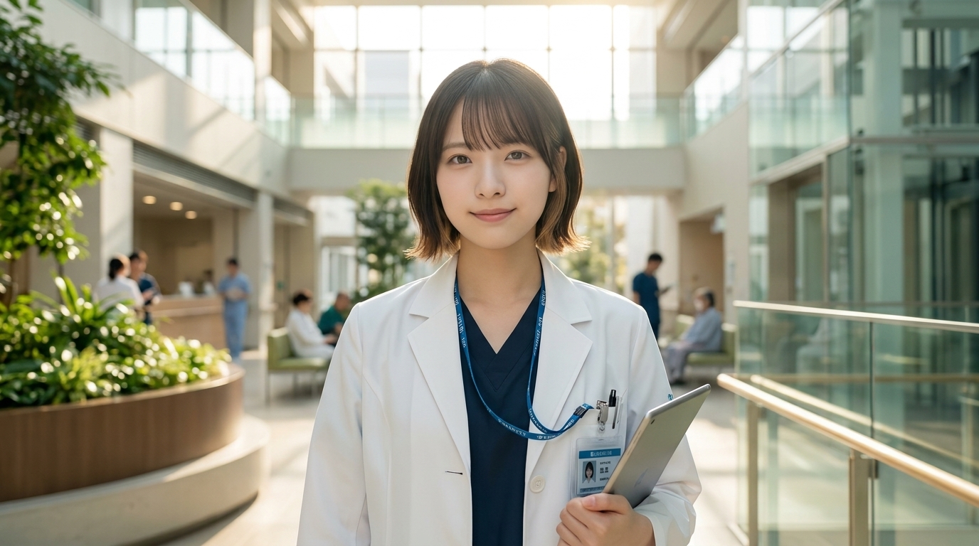 明るい日差しが差し込む病院ラウンジで前向きに将来を見据えるLINA