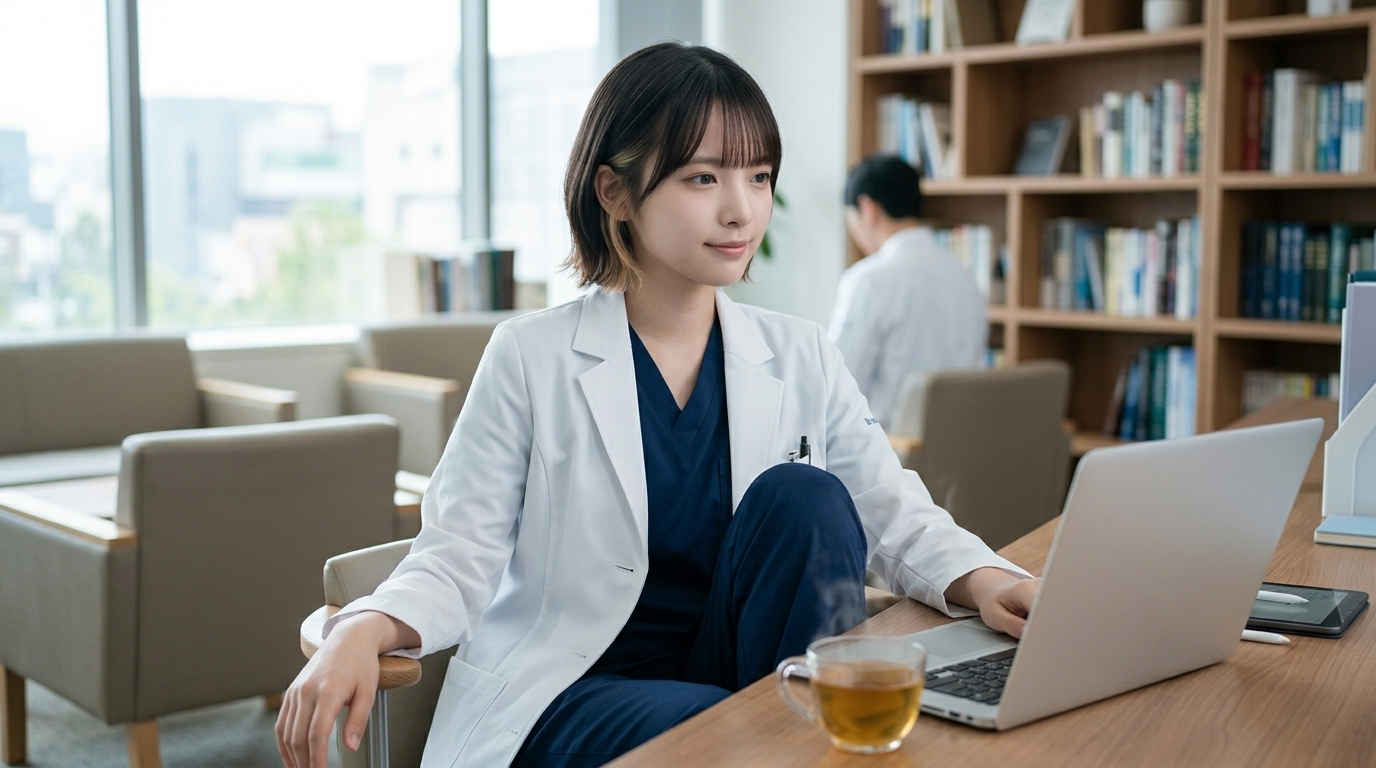 近代的な日本の病院で、医療従事者が電子カルテシステムを操作している様子。