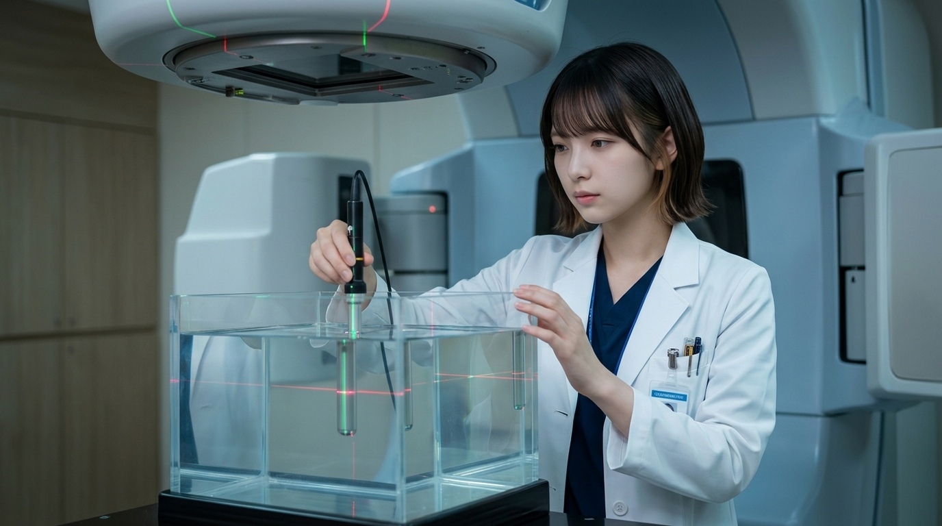水ファントム内に電離箱をセットしレーザー照合で確認するLINA