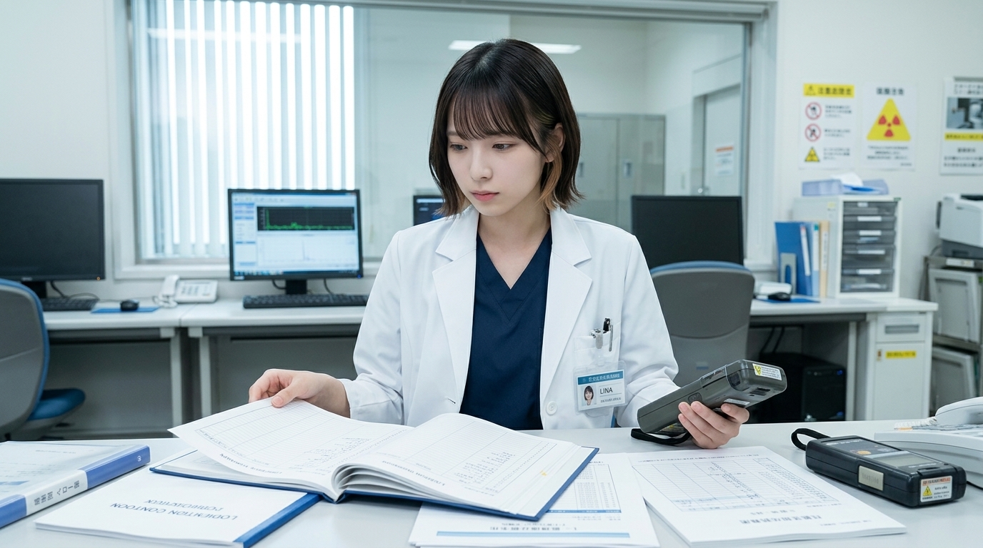 放射線測定機器と点検帳簿を確認するLINA