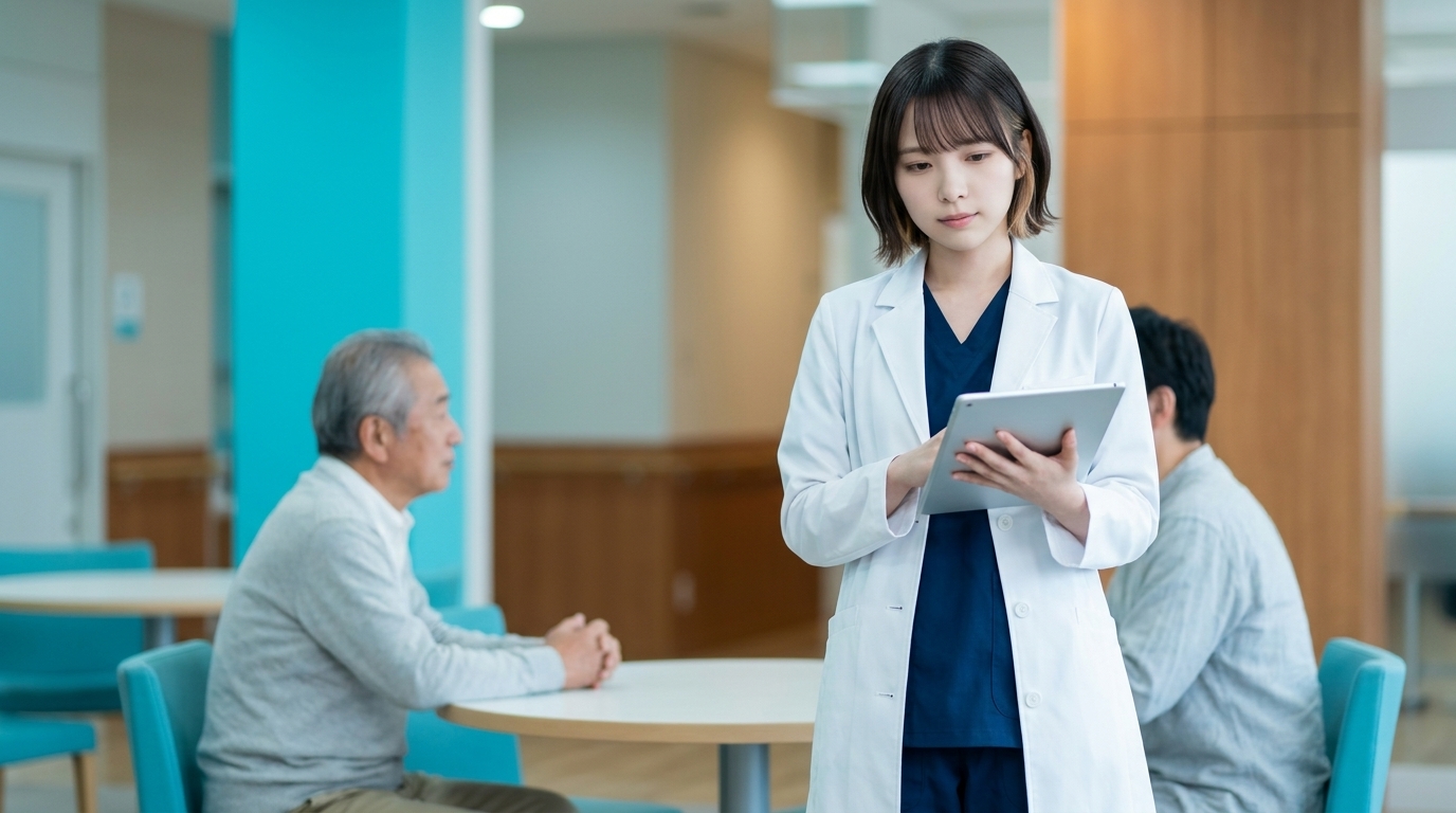 病院の事務室で、診療報酬関連の書類を精査する医療従事者の手元。