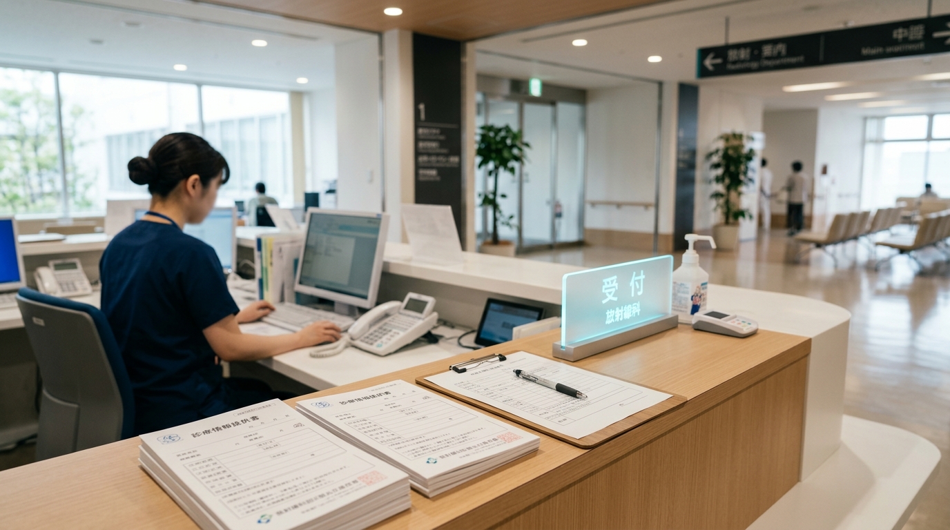被災病院の受付で、患者対応や書類整理を行う医療スタッフと放射線科受付
